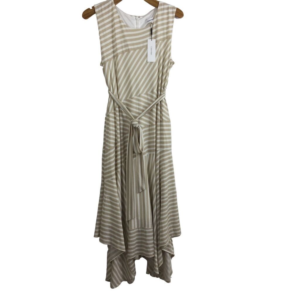 Calvin Klein Striped Sleeveless High Low Flounce Hem Stripe Dress Cream Size XL